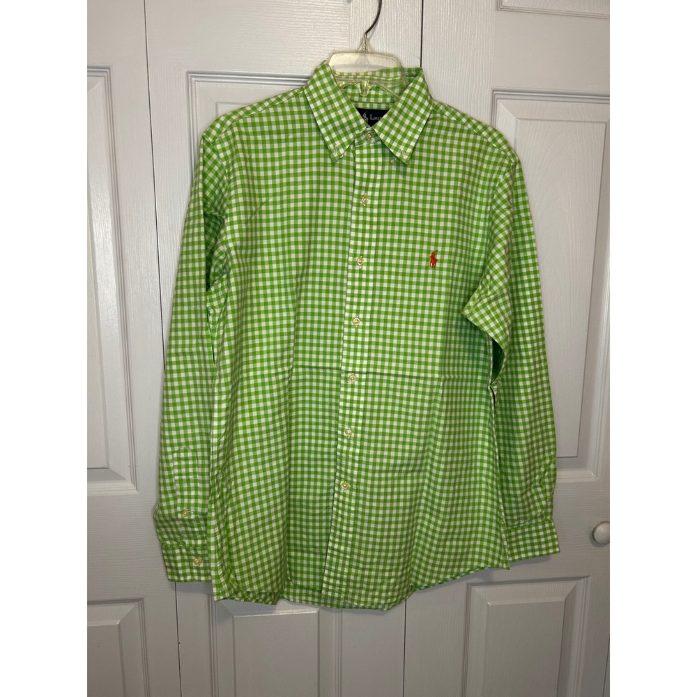 Ralph Lauren Mens Lime Green White Gingham Custom Fit Button Down Shirt Medium M